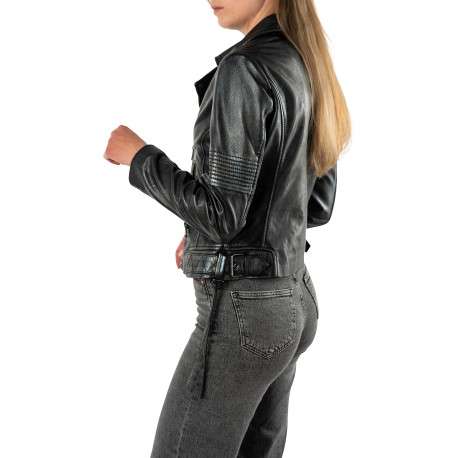 Blouson en cuir de mouton noir doté d'un col à revers et d'une coupe cintrée - Image 4