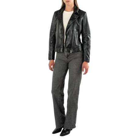 Blouson en cuir de mouton noir doté d'un col à revers et d'une coupe cintrée - Image 5