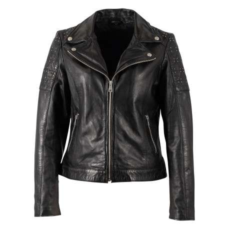 Blouson en cuir de mouton noir doté d'une coupe droite et d'un col à revers