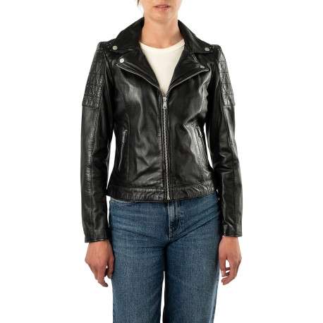 Blouson en cuir de mouton noir doté d'une coupe droite et d'un col à revers - Image 3