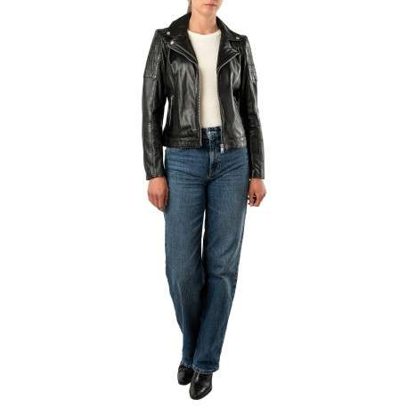 Blouson en cuir de mouton noir doté d'une coupe droite et d'un col à revers - Image 5
