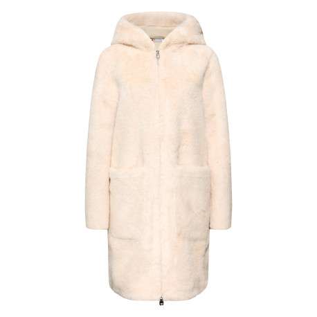 Blouson écru en fourrure synthétique pourvu d'un col à capuche