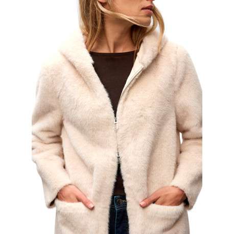 Blouson écru en fourrure synthétique pourvu d'un col à capuche - Image 4