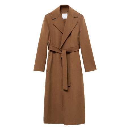 Manteau long en laine mélangée camel uni avec une coupe droite et un col cranté