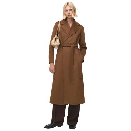 Manteau long en laine mélangée camel uni avec une coupe droite et un col cranté - Image 2