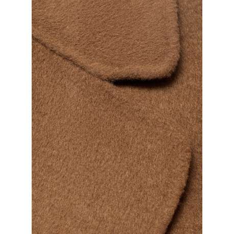 Manteau long en laine mélangée camel uni avec une coupe droite et un col cranté - Image 5