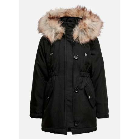 Parka noire unie avec une coupe droite et à capuche à fourrure et fermeture pressions