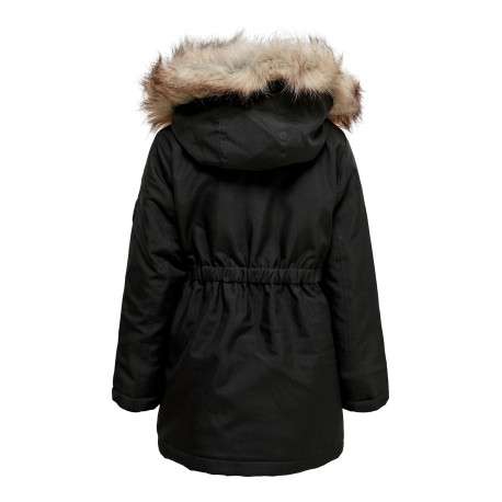 Parka noire unie avec une coupe droite et à capuche à fourrure et fermeture pressions - Image 2