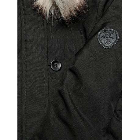 Parka noire unie avec une coupe droite et à capuche à fourrure et fermeture pressions - Image 3