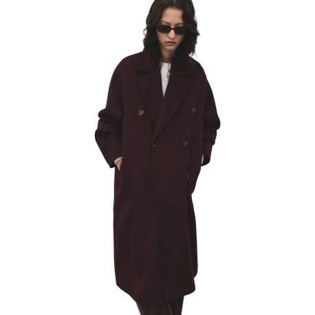 Manteau long en laine mélangée bordeaux uni avec une coupe droite - Image 4