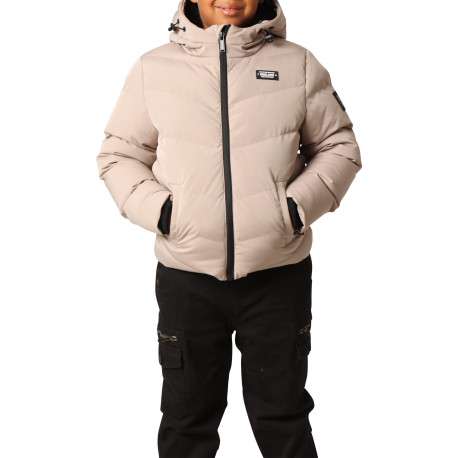 Doudoune beige matelassée avec un col à capuche et cordons de serrage