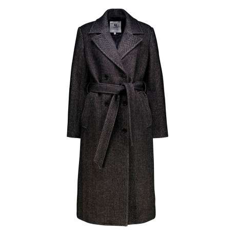 Manteau noir effet lainage avec un motif à chevrons contrasté