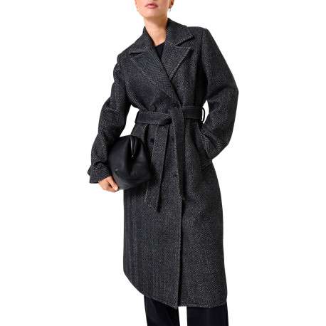 Manteau noir effet lainage avec un motif à chevrons contrasté - Image 2