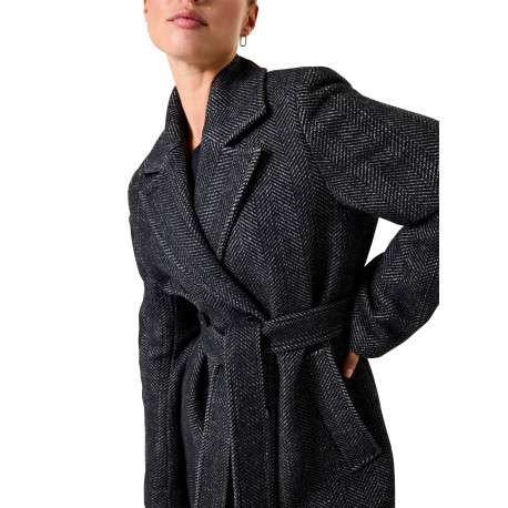 Manteau noir effet lainage avec un motif à chevrons contrasté - Image 4