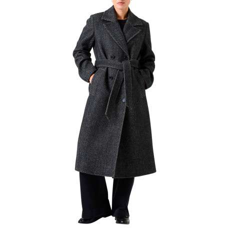 Manteau noir effet lainage avec un motif à chevrons contrasté - Image 5