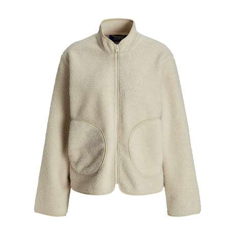 Veste zippée écrue uni en sherpa avec un col montant et des poches rondes