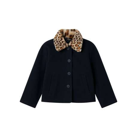 Blouson marine pourvu d'un col à rabats en fausse fourrure léopard