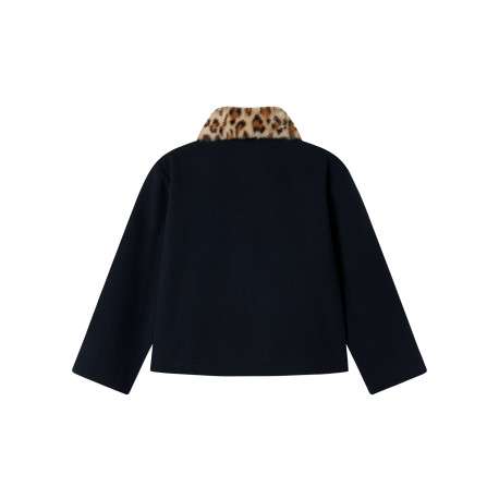 Blouson marine pourvu d'un col à rabats en fausse fourrure léopard - Image 2