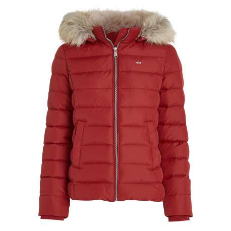 Doudoune rouge unie à coupe droite et col à capuche en fourrure