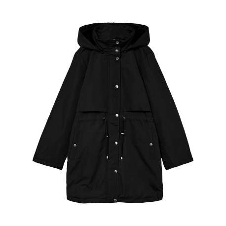 Parka noir uni à coupe mi longue avec un col à capuche à zip et à pressions