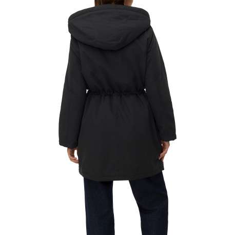 Parka noir uni à coupe mi longue avec un col à capuche à zip et à pressions - Image 3