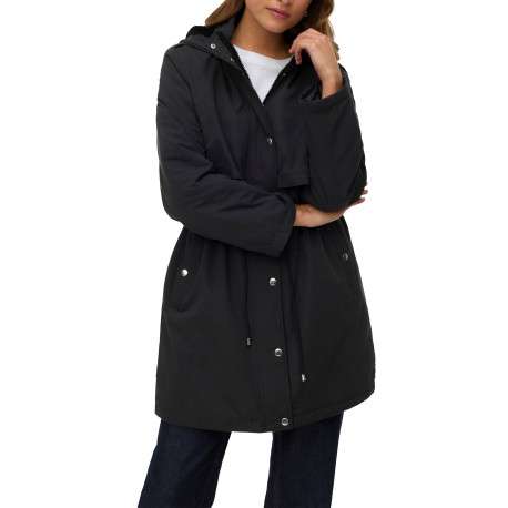 Parka noir uni à coupe mi longue avec un col à capuche à zip et à pressions - Image 4