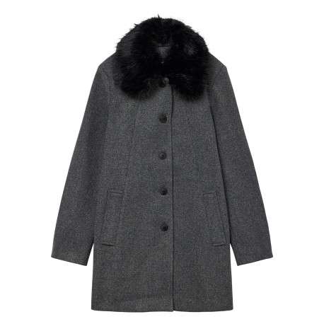 Manteau anthracite avec un col en fourrure et grande boutonnière à l'avant