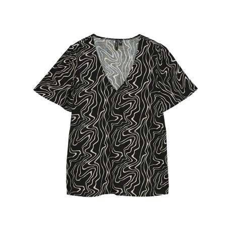 Top noir à motifs coupe ample avec un col v et des manches courtes