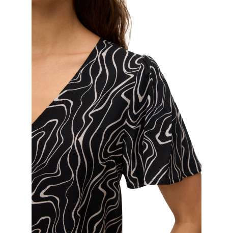 Top noir à motifs coupe ample avec un col v et des manches courtes - Image 4