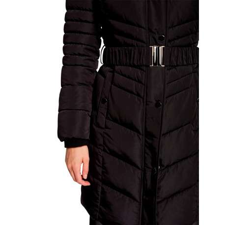 Doudoune noire unie à ceinture avec col à capuche à fourrure et poches - Image 4
