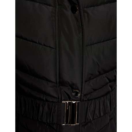 Doudoune noire unie à ceinture avec col à capuche à fourrure et poches - Image 5