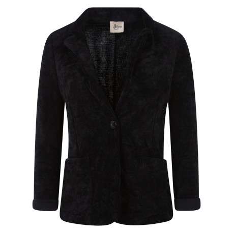 Veste noire en velours avec une coupe droite à col cranté et deux poches à l'avant