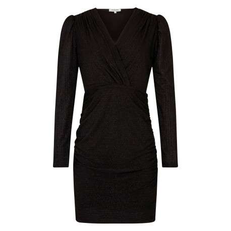 Robe courte noire unie ajustée à col v croisé et à manches longues brillantes
