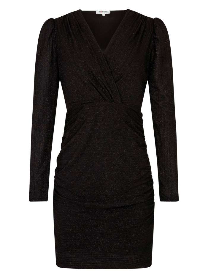 Robe courte noire unie ajustée à col v croisé et à manches longues brillantes