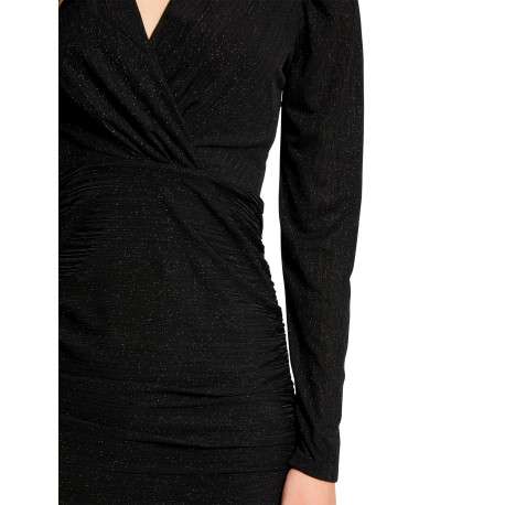 Robe courte noire unie ajustée à col v croisé et à manches longues brillantes - Image 3