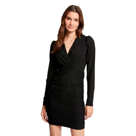 Robe courte noire unie ajustée à col v croisé et à manches longues brillantes - Image 4