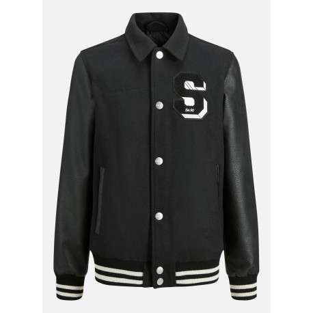 Veste noire bi-matière avec une coupe droite et un col à revers
