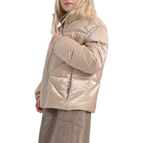 Doudoune beige unie matelassée avec une coupe droite et un col montant - Image 4