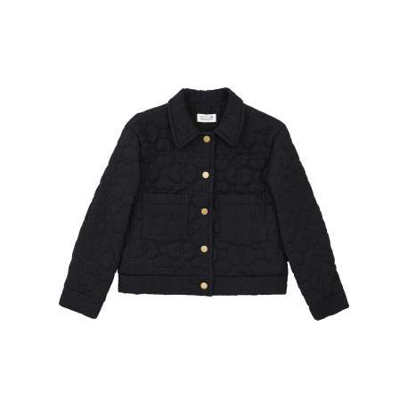 Blouson noir matelassé avec un col à revers et des boutons en laiton