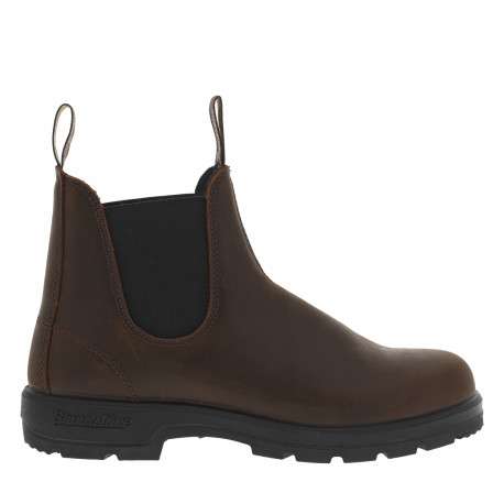Boots en cuir brunes à talon décroché bas avec soufflets élastiqués noirs - Image 2