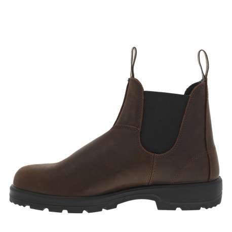 Boots en cuir brunes à talon décroché bas avec soufflets élastiqués noirs - Image 3