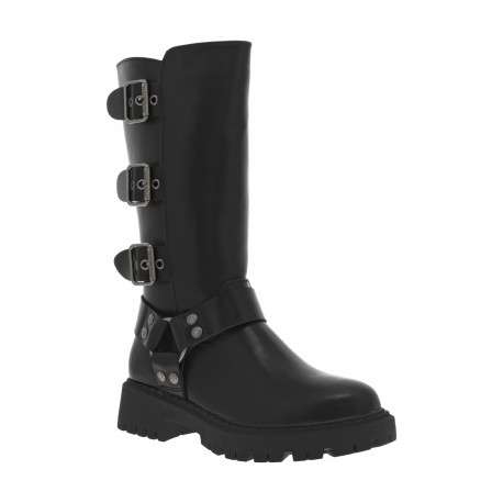 Bottes noires à talon plat et à zip avec trois boucles à ardillon et brides