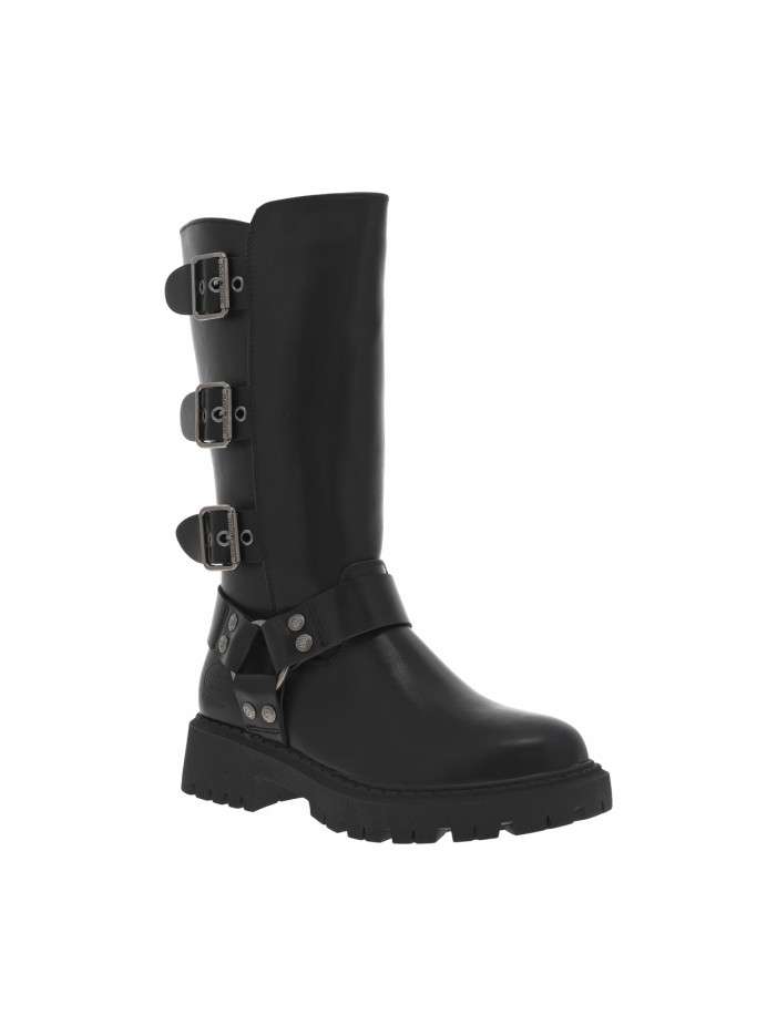 Bottes noires à talon plat et à zip avec trois boucles à ardillon et brides