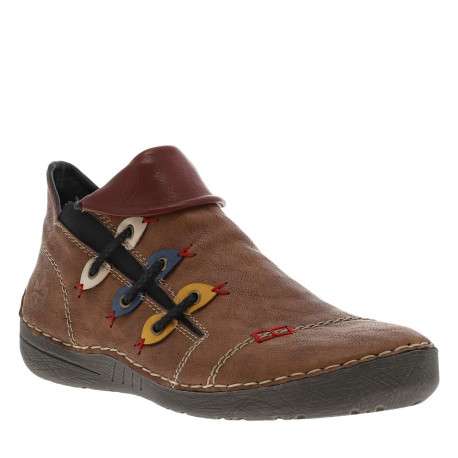 Boots simili cuir marron avec rabat rouge et détails colorés et fermeture zippée