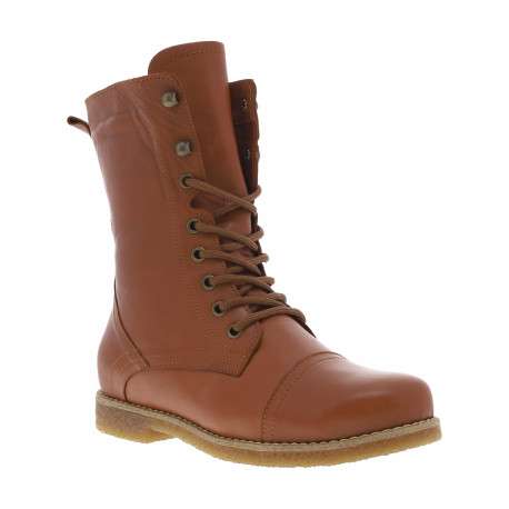 Bottines en cuir camel à talon décroché bas avec lacets et zip latéral