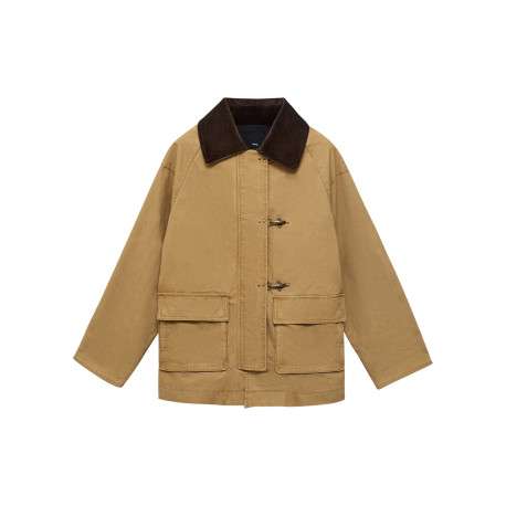 Manteau en coton camel uni avec un col à revers en velours et des manches amples