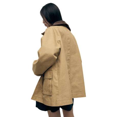 Manteau en coton camel uni avec un col à revers en velours et des manches amples - Image 2