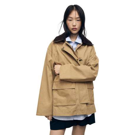 Manteau en coton camel uni avec un col à revers en velours et des manches amples - Image 3