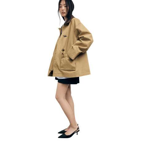 Manteau en coton camel uni avec un col à revers en velours et des manches amples - Image 5