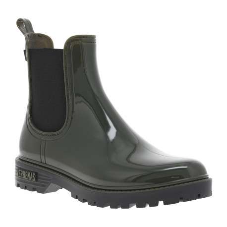 Boots kaki vernies style chelsea à talon plat et à soufflets élastiqués noirs